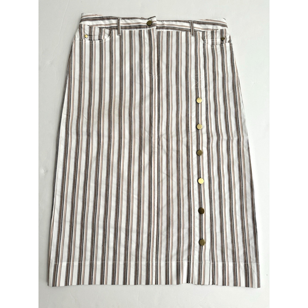 Per Se by Carlisle Skirt 8 Straight Midi White Brown Stripe Unlined Cotton Blend